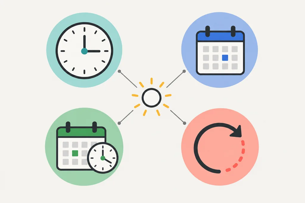 Four visual groups show time-only, date-only, date-and-time, and relative timestamp output