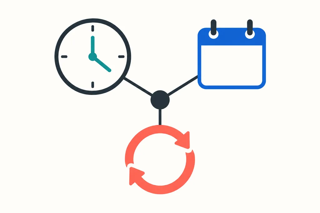 A shared timestamp branching into clock, calendar, and relative-time displays